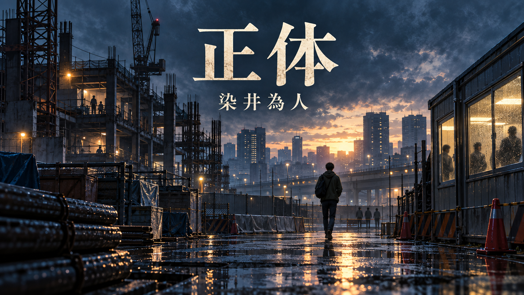 染井為人『正体』の文字を重ねた、雨上がりの工事現場を歩く人物の後ろ姿