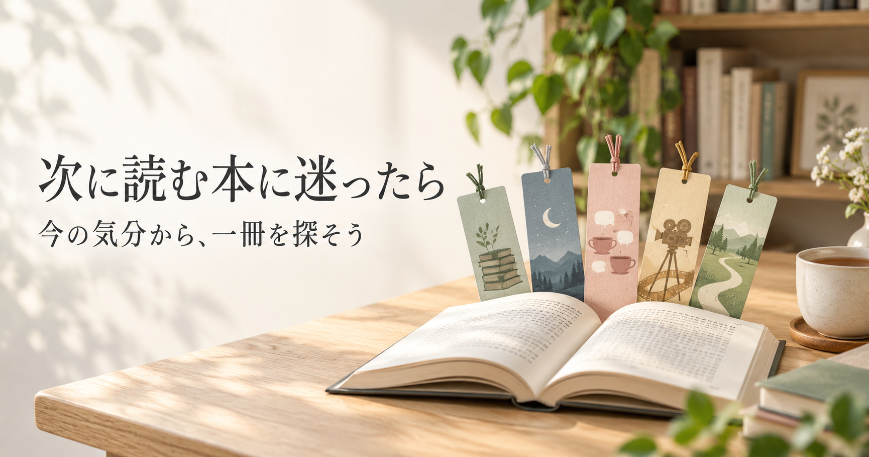 開いた本と5本のしおり、「次に読む本に迷ったら」の文字