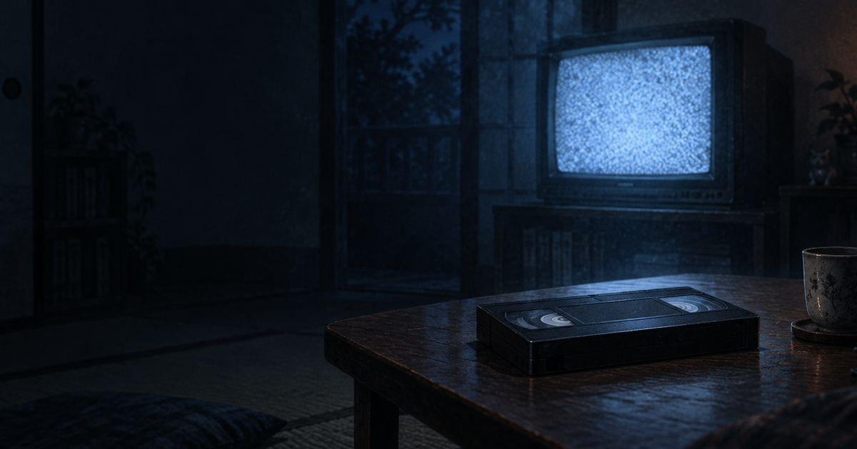 暗い部屋のテレビと、机に置かれた一本のVHSテープ
