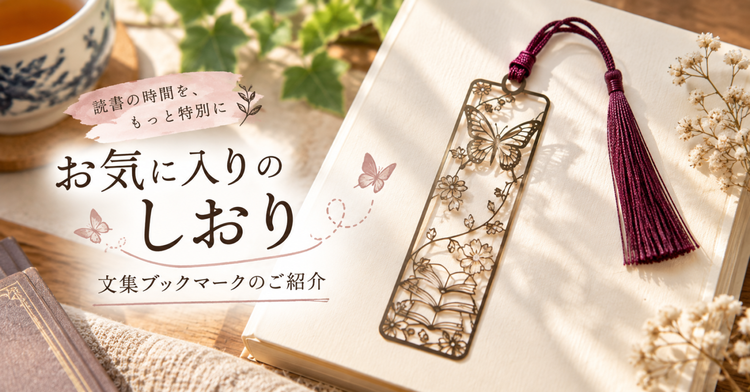 蝶と花、本をモチーフにした金属製しおりのイメージ画像。文集ブックマーク紹介記事のアイキャッチ。