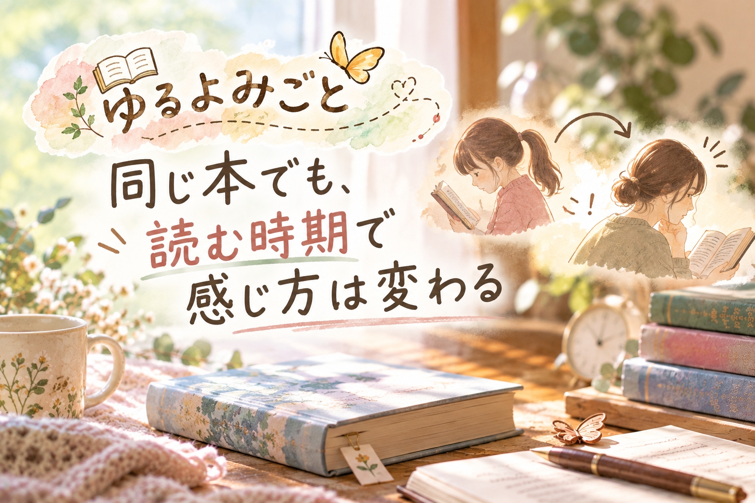 同じ本でも読む時期で感じ方が変わることを表現した「ゆるよみごと」のアイキャッチ